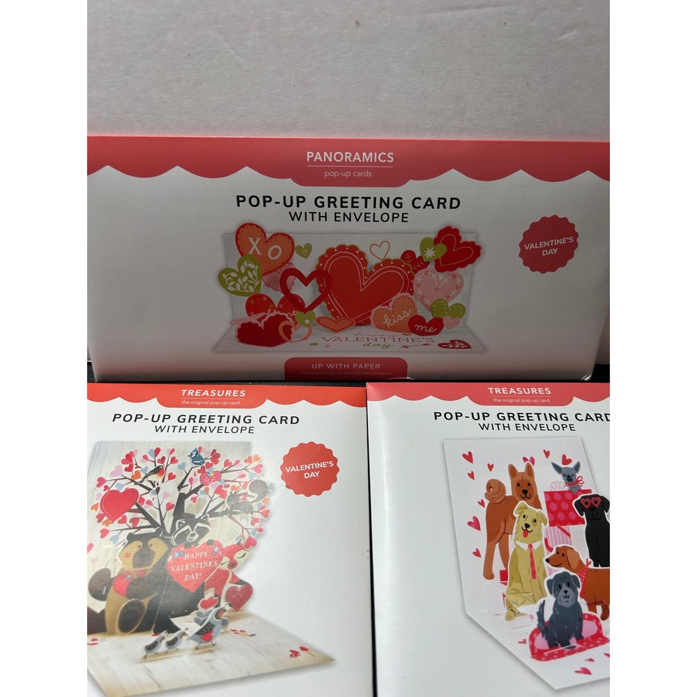 Up With Paper Valentine Pop-Up Cards x 3 Red Hearts Dogs Woodland NEW Greeting